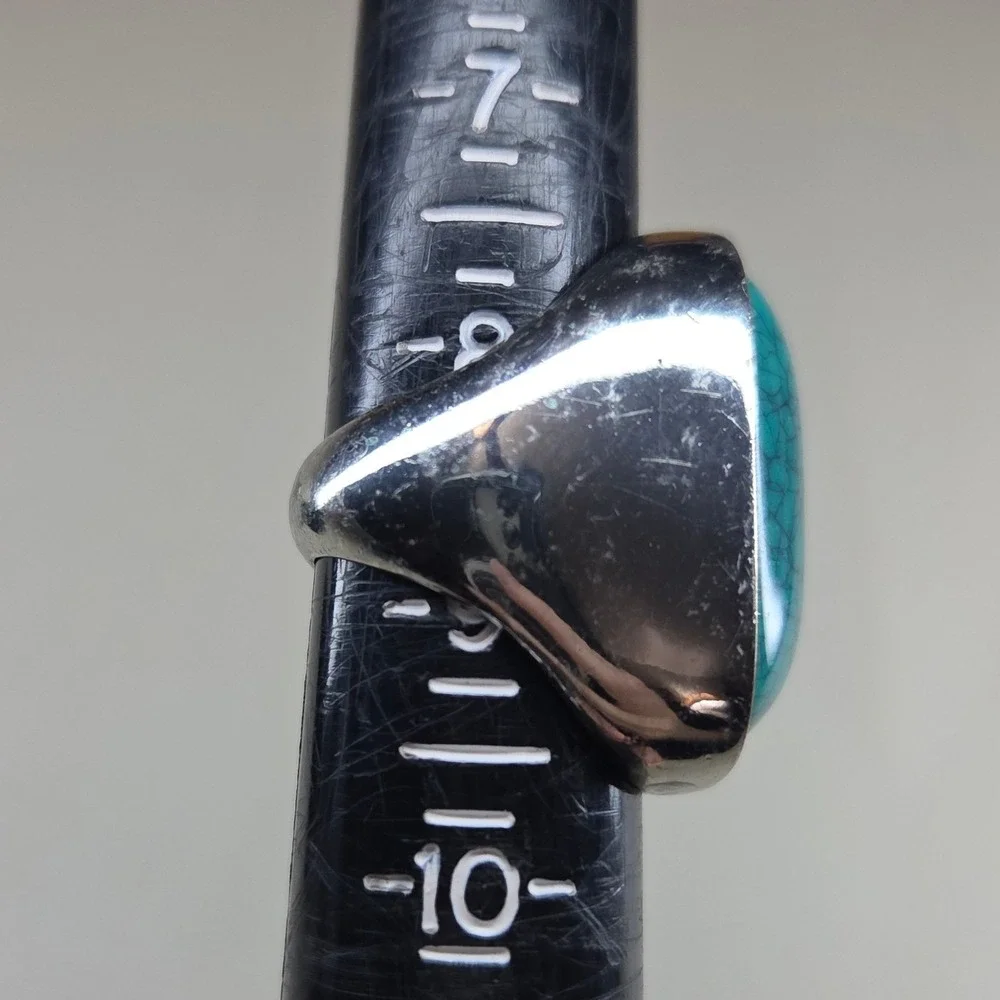 Boho Statement Ring Faux Turquoise Silver Tone Chunky Band Southwestern Size 8.5